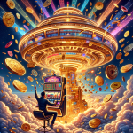 Futuristic golden online casino floating above clouds with glowing neon lights, flying crypto coins (Bitcoin, Ethereum, USDT), and a smiling player winning from a slot machine — vibrant fantasy-style illustration.