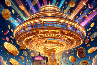 Futuristic golden online casino floating above clouds with glowing neon lights, flying crypto coins (Bitcoin, Ethereum, USDT), and a smiling player winning from a slot machine — vibrant fantasy-style illustration.
